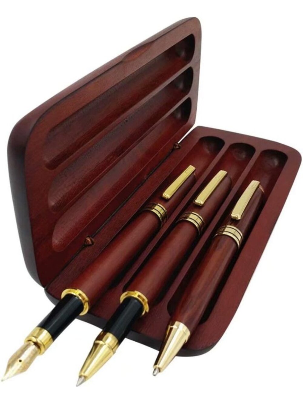 Elegant 3-Piece Wooden Pen Set with Gift Case | Luxury Fountain & Ballpoint Pens